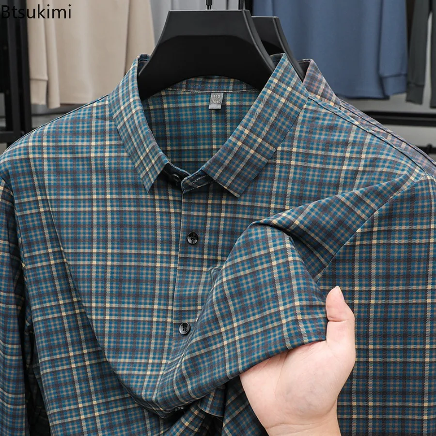 Men's Plaid Long Sleeve Shirt Autumn and Winter New Styles Elastic Non Ironing Business Casual High-end Shirt for Men M-4XL Size