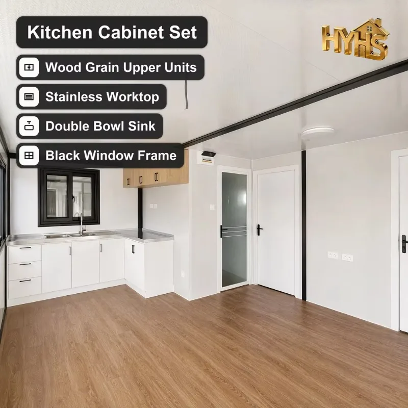 20ft Double Wing Foldable Container House Two Bedroom Prefab Cabin with Bathroom Kitchen 2000mm Pergola Deck Waterproof
