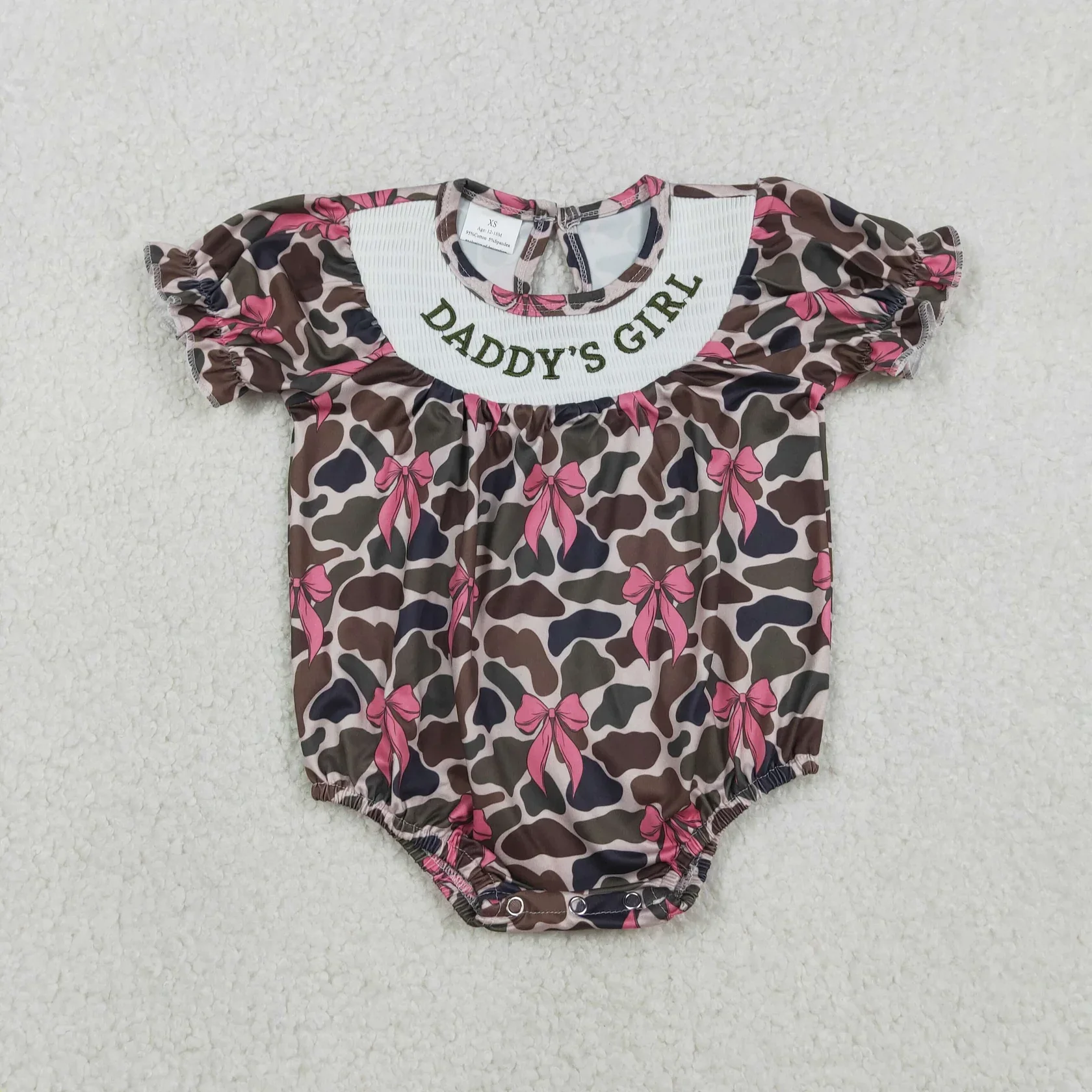 Wholesale Newborn Short Sleeve Embroidery Smocked Bubble Romper Toddler Kids Daddy's Clothes Baby Girl Children Bows Camo Romper