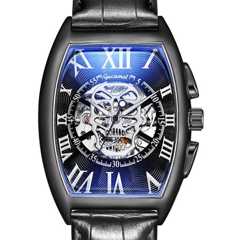 

Men’s* Automatic Mechanical Watch, Tonneau Case Skeleton Skull Design, Trendy Luxury Fashion Wristwatch
