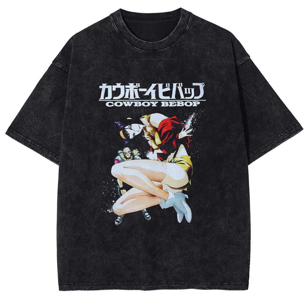 Hot Anime Cowboy Bebop Spike Spiegel Faye Valentine Print Tee Men Vintage Manga Tshirts Washed Cotton T Shirt Harajuku T-shirt