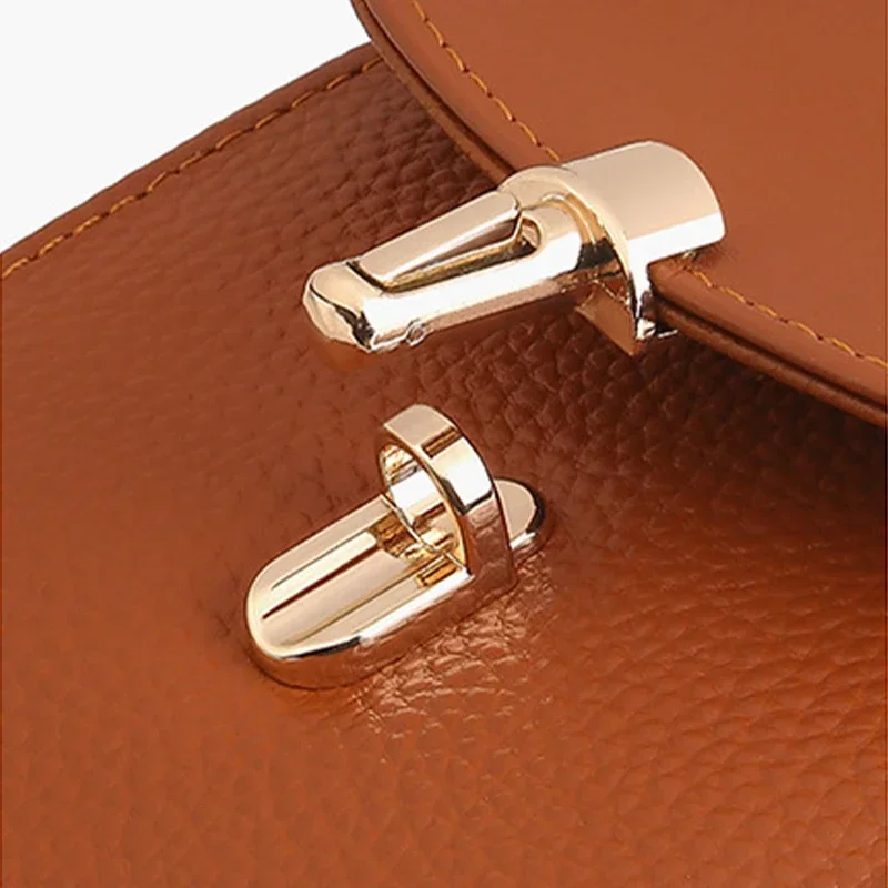 Genuine Leather Phone Bag Solid Color Flip Round Lock Bag Women\'s Crossbody Bag with Long Shoulder Strap and Credit Card Slot
