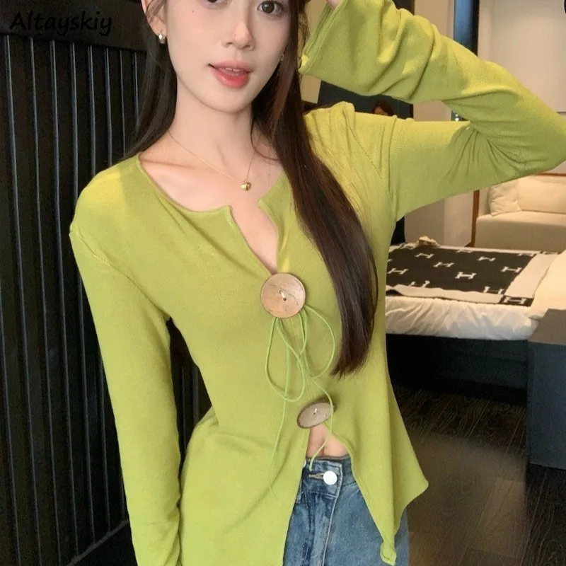 

V-neck Long Sleeve T-shirts Women Autumn Spicy Girls Design Button Lace-up Simple Solid All-match High Street Seductive Ulzzang