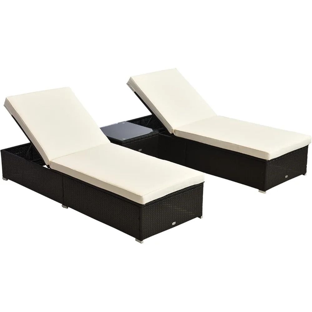 

Chaise Lounge Set of 2 with 5 Angle Backrest, Outdoor Coffee Table, Water Repellent Cushions, PE Rattan Wicker Poolside Chairs