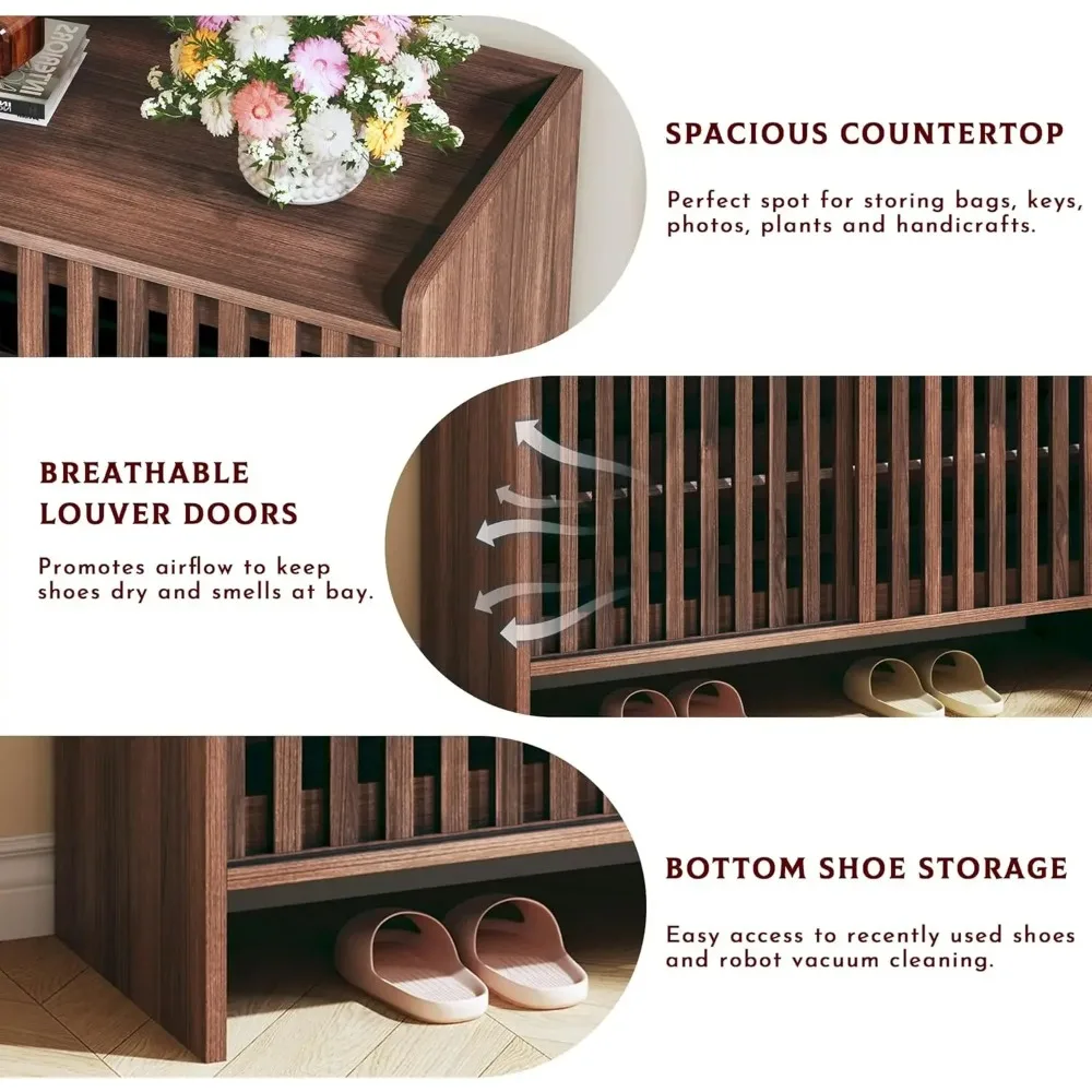

5-layer Shoe Cabinet with Sliding Louver Doors, Wooden Shoe Cabinet with Adjustable Shelves, Modern Independent Shoe Cabinet
