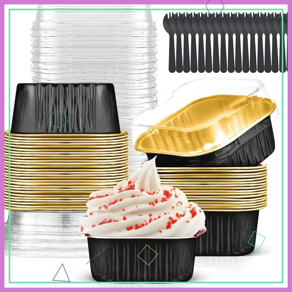 

40 Pack 10oz Mini Cake Pans with Lids - Disposable Aluminum Foil Square Cupcake Liners, Jumbo Muffin Tins for Baking