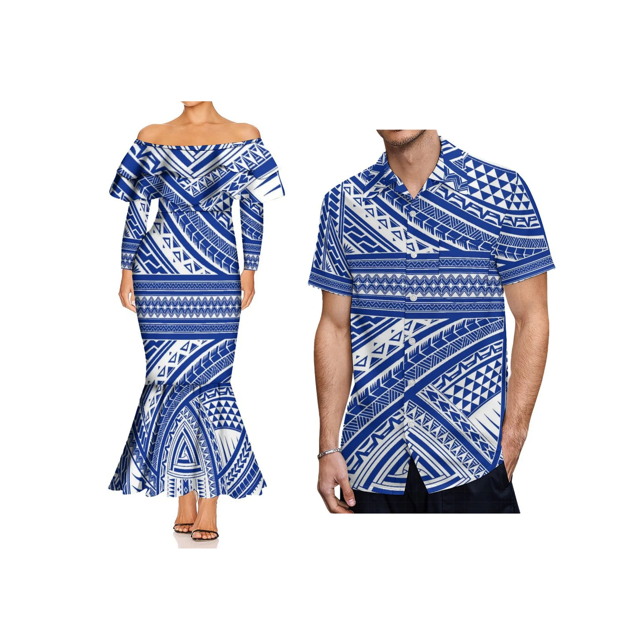 ชุดราตรีทรงหางปลาสำหรับผู้หญิงไซส์ใหญ่ ดีไซน์แบบซามัว ปี 2025 ดีไซน์ใหม่ สไตล์เปิดไหล่ แขนยาวทรงเมอร์เมด รับตัดตามแบบ