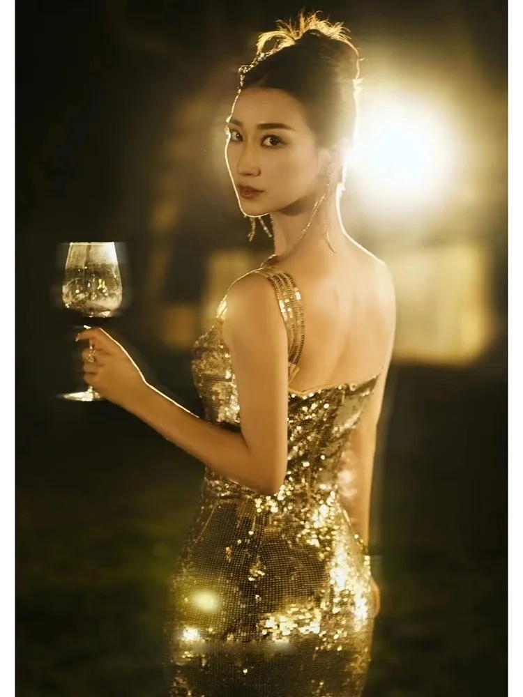 Golden Evening Dress for Women Banquet Party Elegant Slimming Light Luxury Strap Bridal Toast