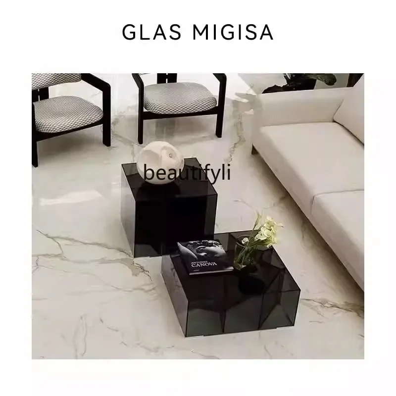 A  Italian minimalist glass coffee table light luxury modern living room square low table creative coffee table