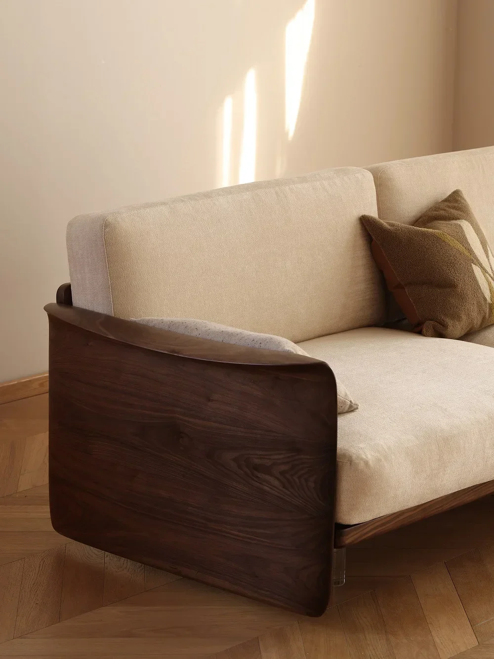 Nordic solid wood sofa living room North American black walnut modern double fabric leather small apartment sofa image 5