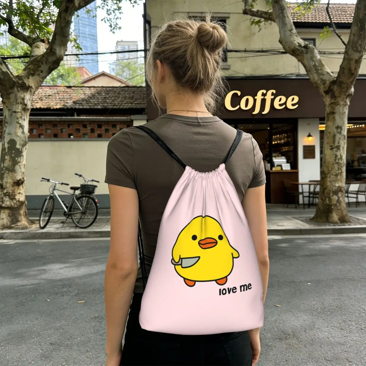 Duck With Knife - Love Me Version Kawaii Duck Knife Duck Backpacks Fashion Drawstring Bundle Pocket Sports Bag Book Bags