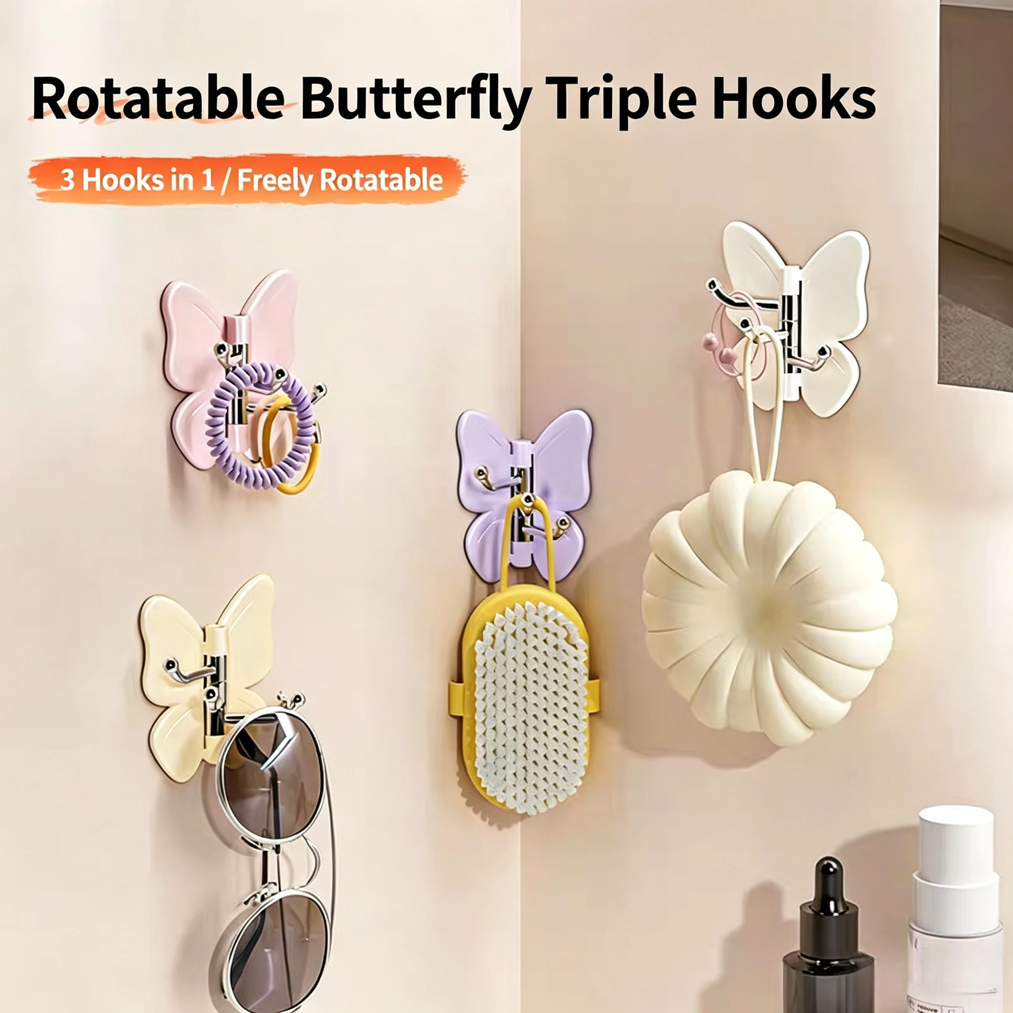 No Drill Butterfly Adhesive Hook, 3 Arms Rotating Hanging Hook, Household Decorative Storage Hanger for Bathroom Closet Kitchen