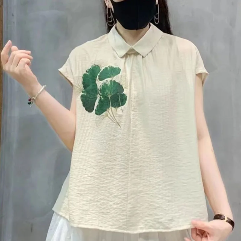 Summer New Fashion Simplicity Versatile Loose Commuter Solid Color Screw Thread Polo-Neck Printed Short Sleeve Chiffon Shirt Top