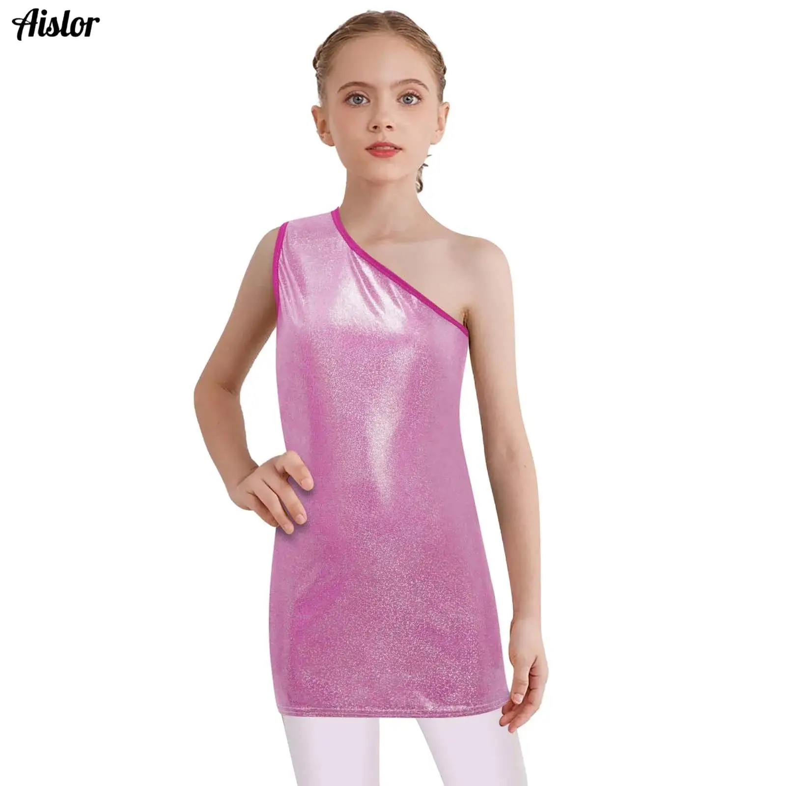 Kids Girls Tank Dress One Shoulder Sleeveless Metallic Mini Dots Dress Disco Jazz Dance Cheerleading Stage Performance Costume