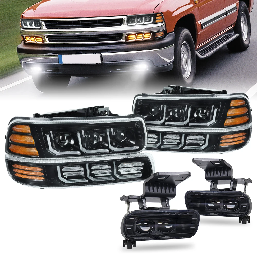 MOVOTOR LED Headlight Assembly with Fog Lights for 1999-2006 Chevrolet Silverado Suburban 1500 2500 Tahoe