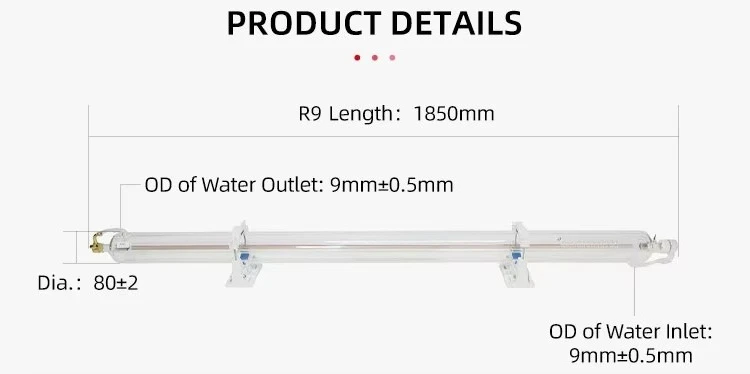 Top Manufacturer Yongli R9 Mature and Stable Process CO2 Glass Tube, Diameter 80mm 160w, Length 1850mm