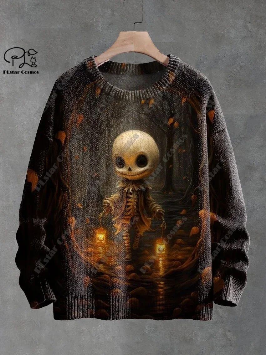 3D Printing Halloween Custom Series Horror Ghost Skull Witch Black Cat Pattern Ugly Sweater Street Casual Winter Sweatshirt W-6