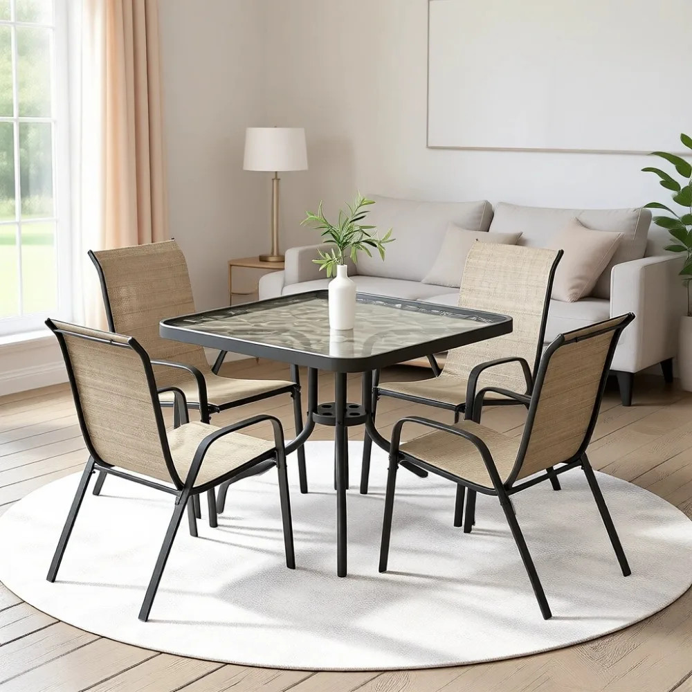5-Piece Outdoor Patio Dining Set: Glass Table, Stackable Textilene Chairs, All-Weather for Backyard and Poolside Use
