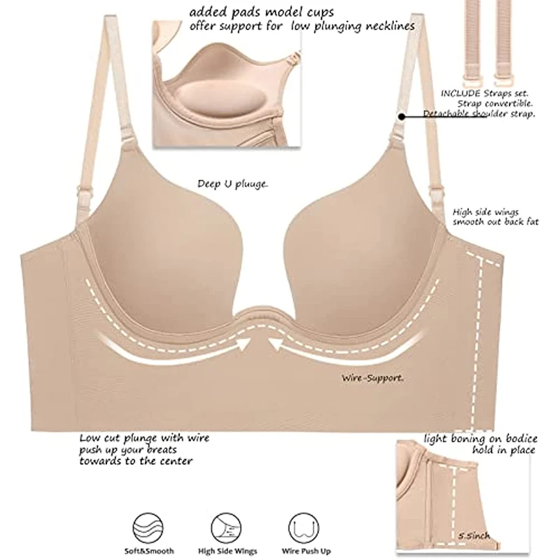 Seamless Womens Low Cut Plunge Bra Wire Lifting Deep U Shaped Multi-Way Push Up Convertible Plunge Backless Bra