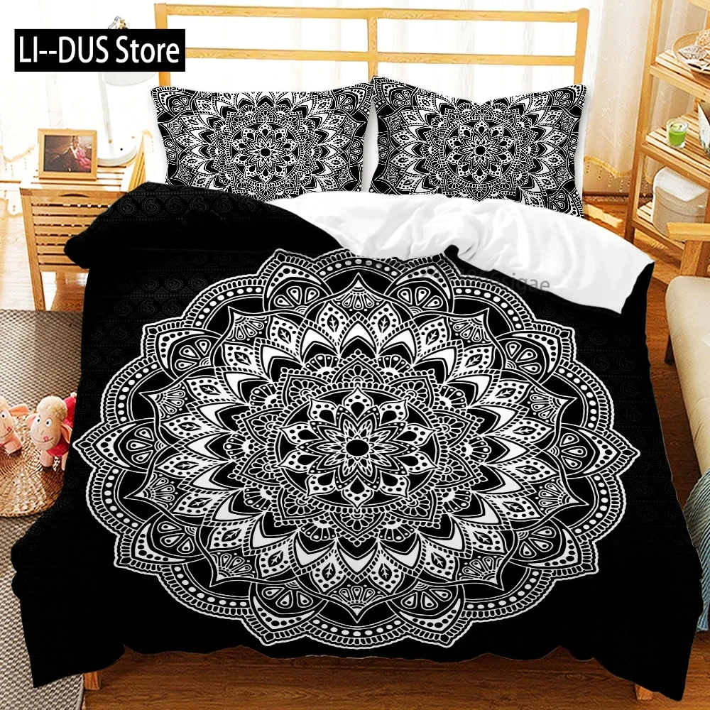 Black Bedding Set 3 Piece Bohemian Duvet Cover Queen King Polyester Mandala Elephant Boho Chic Quilt Cover for Adults Boys Girls