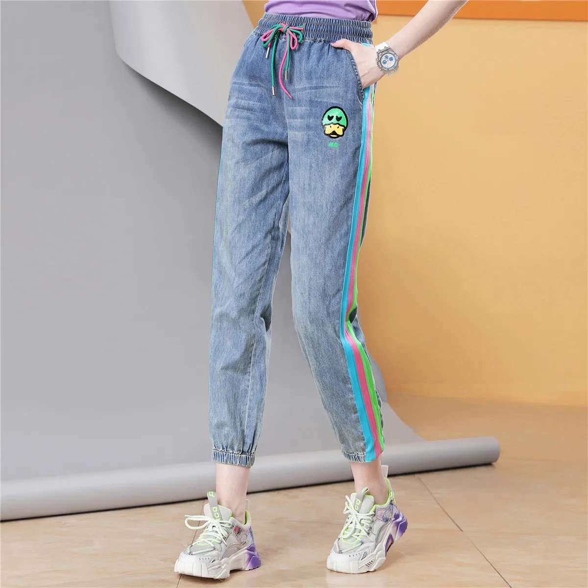 

Spring New Women's Jeans Thin Trousers Side Stripe Stitching Elbow Slim-fit Pants for women