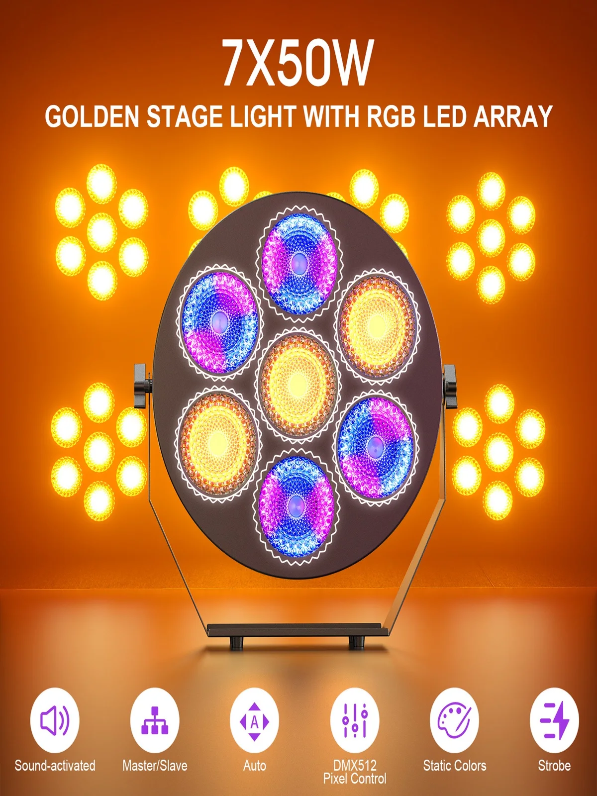 Yiflamefly 4 Stück 7 x 50 W Bühnenbeleuchtung mit goldenen und 168-RGB-Perlenlinsen, Lichteffekte, DMX-DJ-Lichter für Party, Disco, Bar, Show, Club