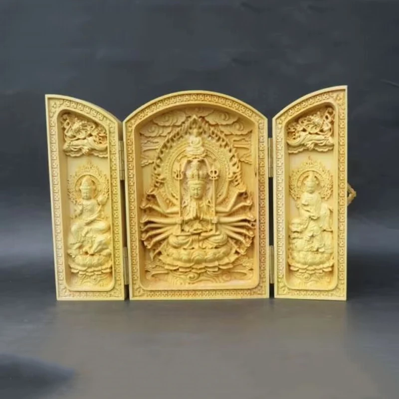 Elaborate Collection Chinese boxwood handwork carving Thousand-Hands Kwan-yin amulet box