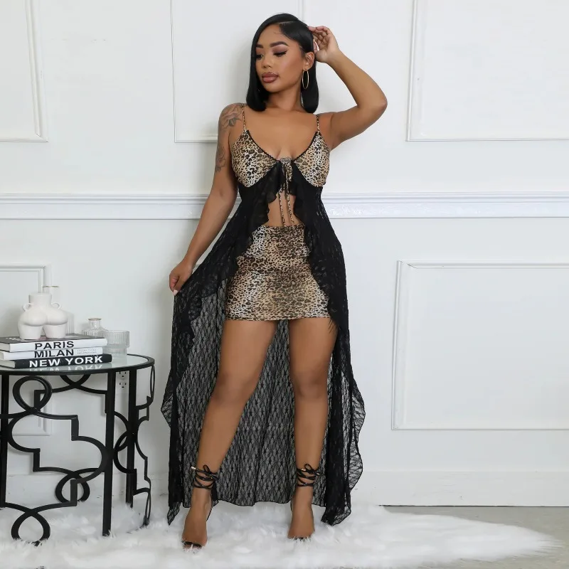 KEXU Fashion Robe longue sexy en dentelle transparente imprimé léopard pour femme avec bretelles et col en V profond avec mini-jupe