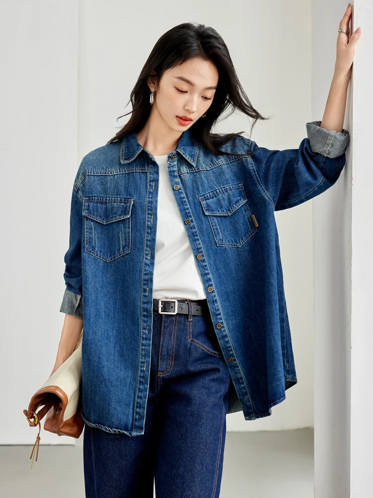 Retro Blue Shirt Denim Shirt for Women Autumn 2024 New Niche Design Shirts Long Sleeved Solid Single Breasted Jean Jacket