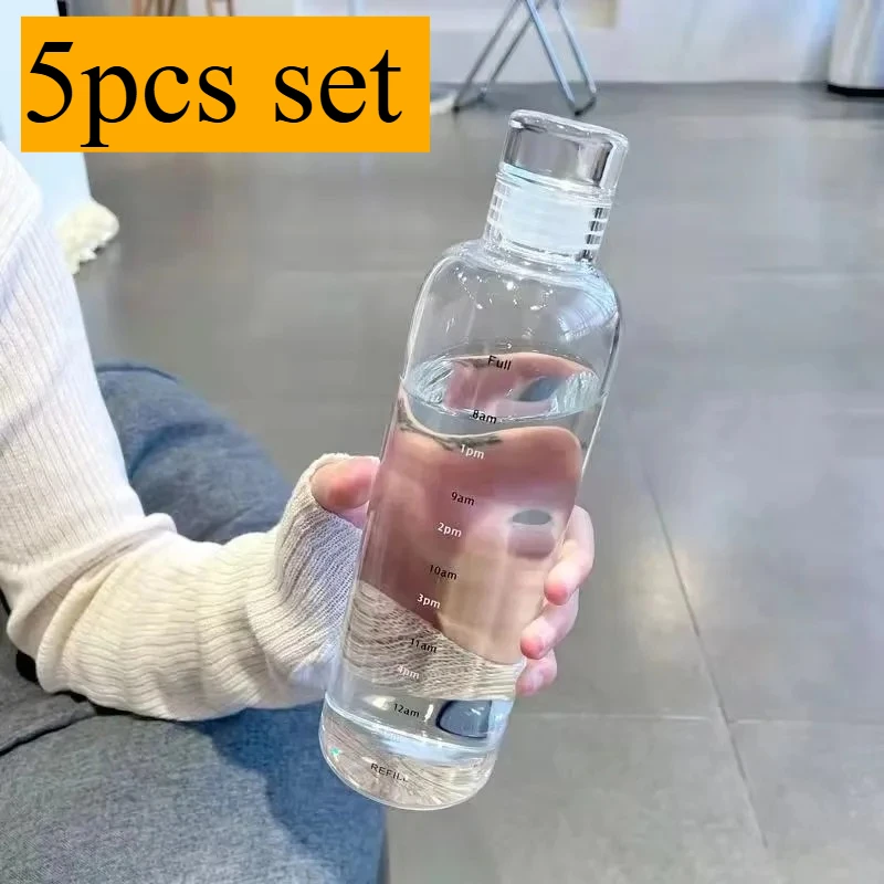 

5 шт., 500 мл, прозрачная пластиковая бутылка для воды с маркировкой, герметичная чашка для молочного напитка большой емкости, спортивная бутылка для воды