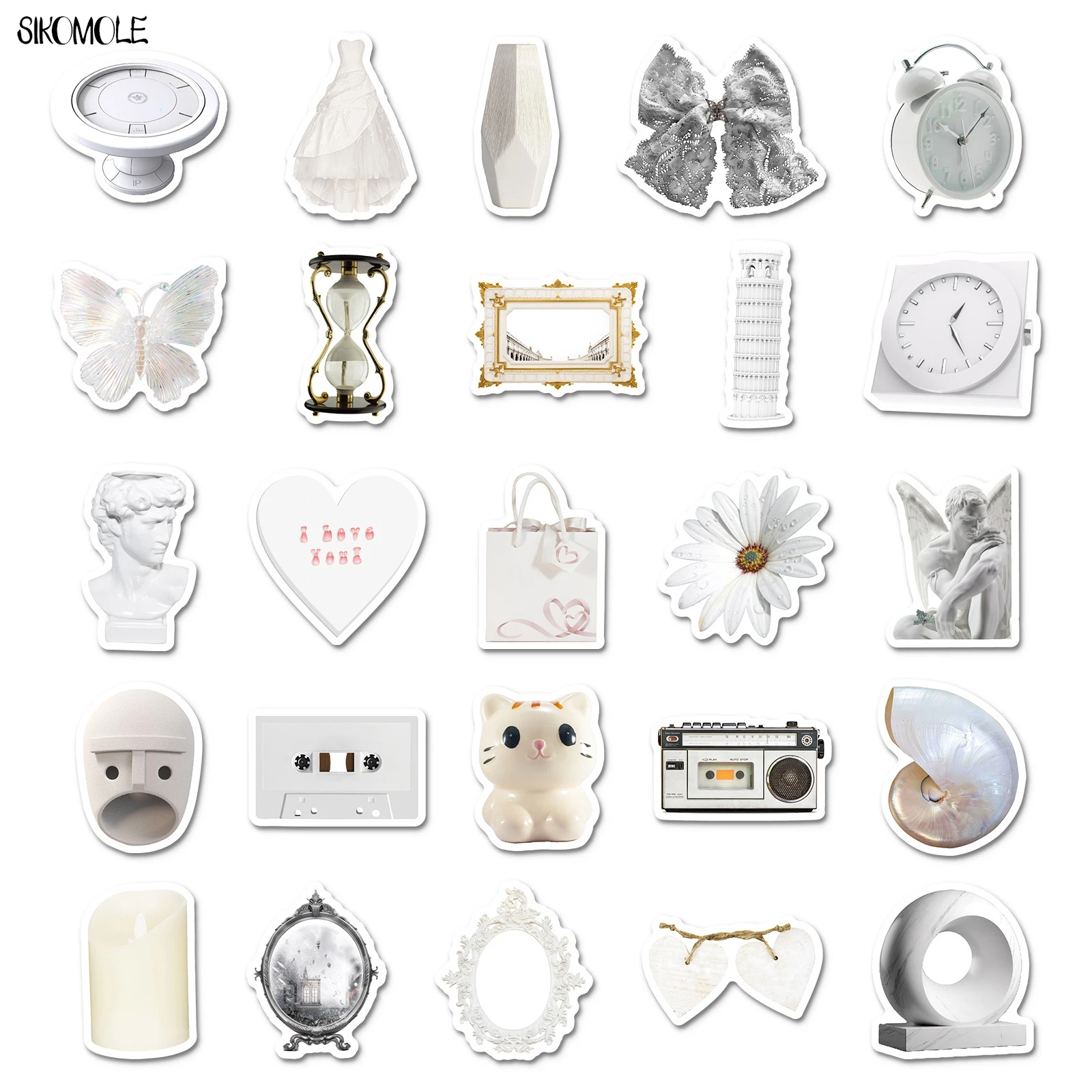 10/30/50PCS 귀여운 흰색 항목 스티커 INS 홈 장식 Kawaii 미적 DIY 아이 여행 수하물 냉장고 데칼 낙서 스티커 팩