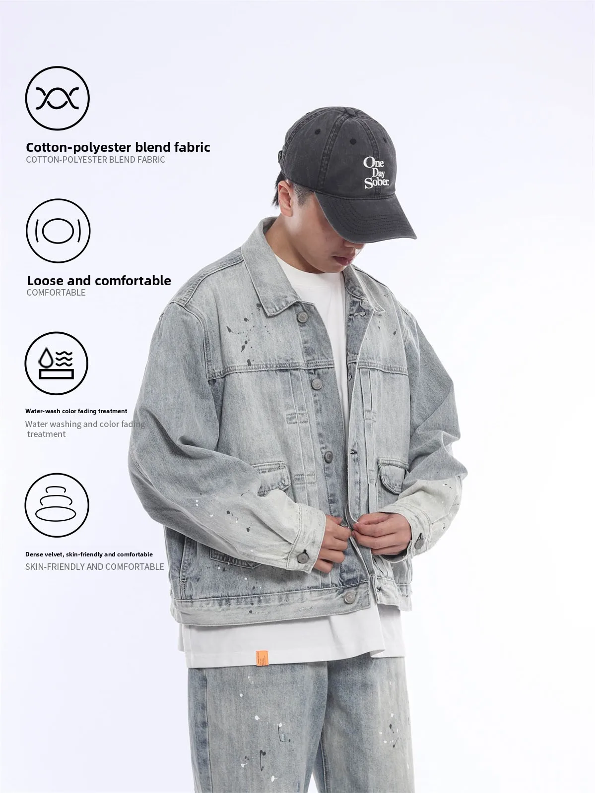 Retro Japanese Workwear Classic Relaxed Fit Dyeing Paint Dot Short Wide Light Blue Denim Jacket Loose Outerwear Coat
