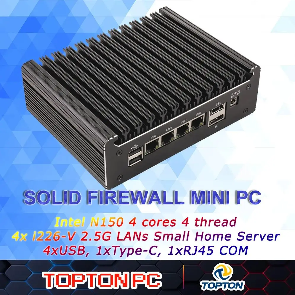 Solido Intel N150 4 Core 4 Fili Firewall Mini PC 4x2.5G LAN Intel i226-V DDR5 NVMe Proxmox pfSense OPNsense Mini Computer