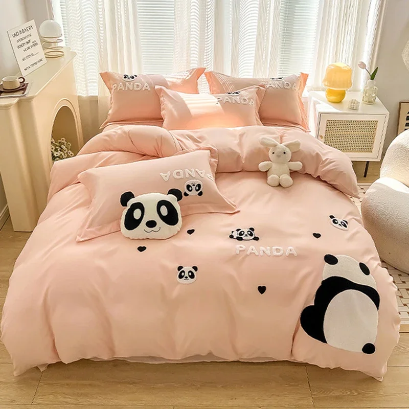 1.5/1.8M Panda Embroidery Bedding Set 4Pcs Comfortable Dormitory Bedclothes for Four Seasons Soft Washed Bedroom Bed Decoration