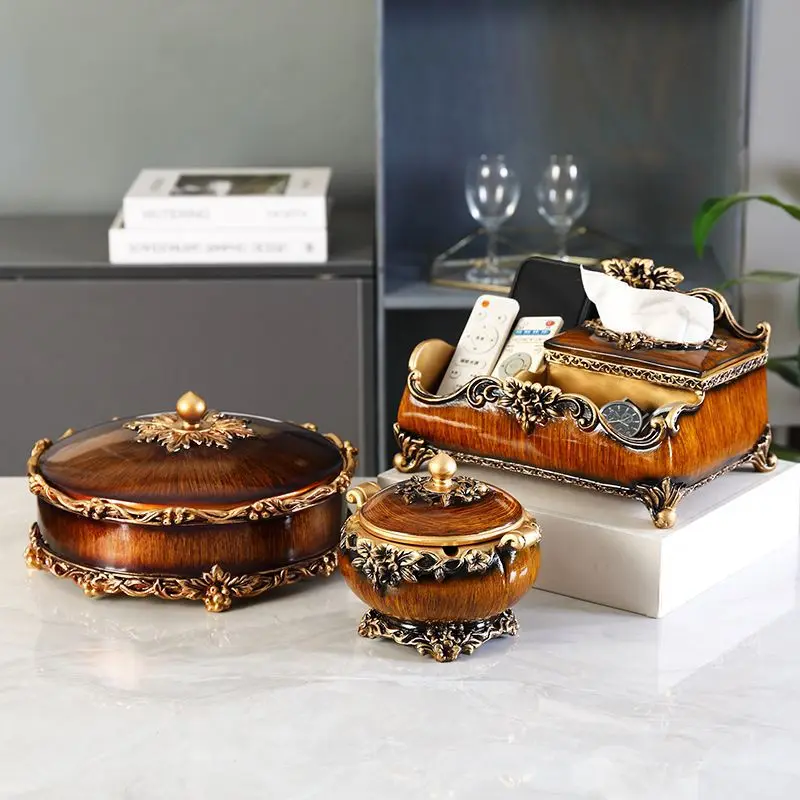 Ornamento de prato de frutas europeu, mesa de centro de luxo para casa, retrô americano, prato de frutas secas de grão de madeira