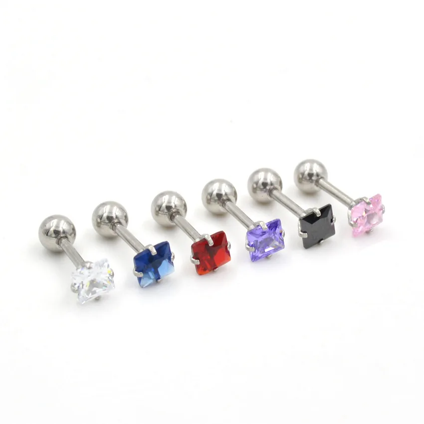 Multy Color For Choose 1Pair Screw-back 16G Men Women Stud Earrings Stainless Steel 3mm Square AAA Zircons Good Quality