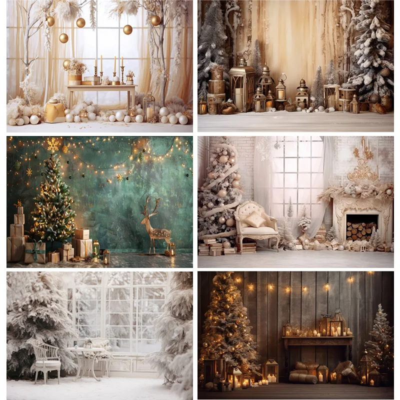 

Christmas Day Photography Backdrops Prop Fireplace Window Winter Xmas Tree Decoration Flower Garland Wood Door Background JU-02