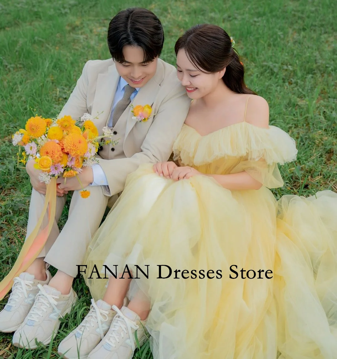 

FANAN Customized Evening Party Dresses Korea Tulle Spaghetti Straps Yellow Ruffles Neck Wedding Women Gowns Event Prom Gowns