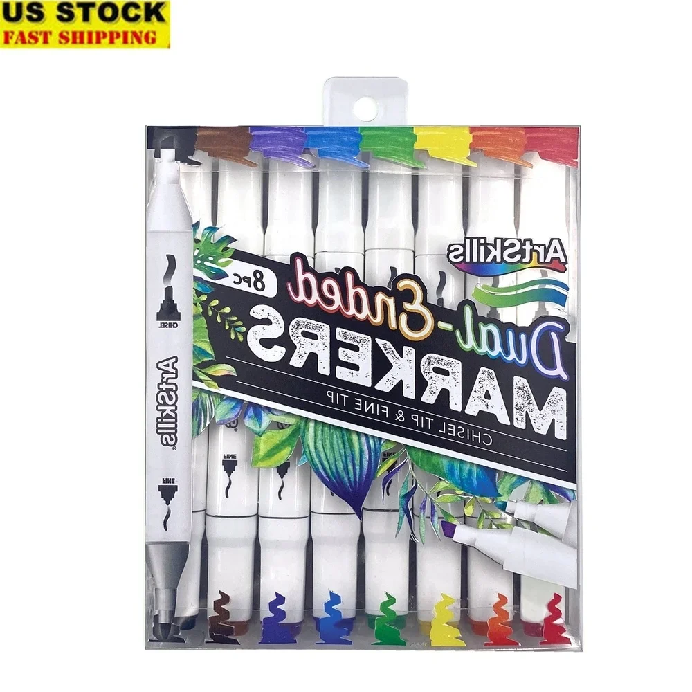 

Dual Tip Art Markers Set 8 Count Chisel Fine Tips Drawing Coloring Scrapbooking Crafting Adult Use Vibrant Assorted Colors