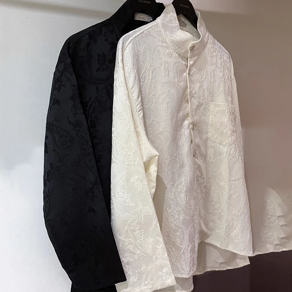 New Chinese Style Jacquard Stand Collar Shirt Men Autumn Winter New Fashion Loose Casual Versatile Design Solid Color Shirt Men
