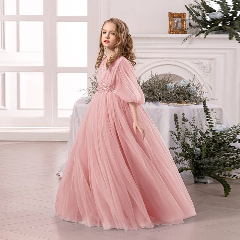 Baby Kids Princess Tulle Beading Bow Flower Girl Dress Children First Communion Dress Ball Gown Wedding Party Dress Birthday view 4