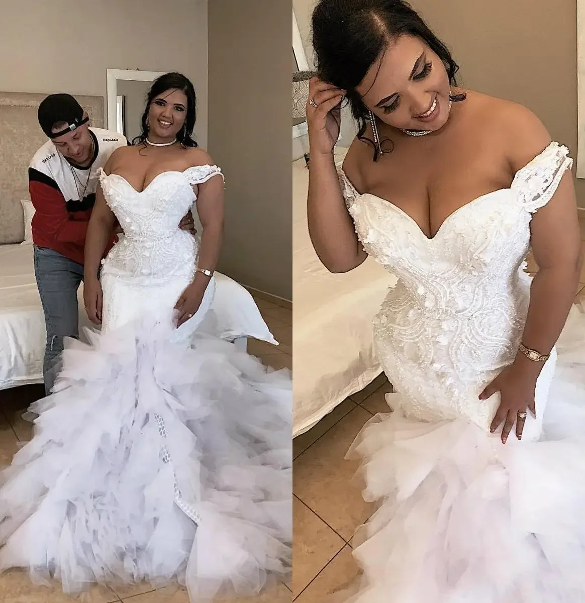 Personalizado em cascata plissado plus size vestidos de casamento renda floral miçangas fora do ombro sereia vestido de casamento em camadas saias brid