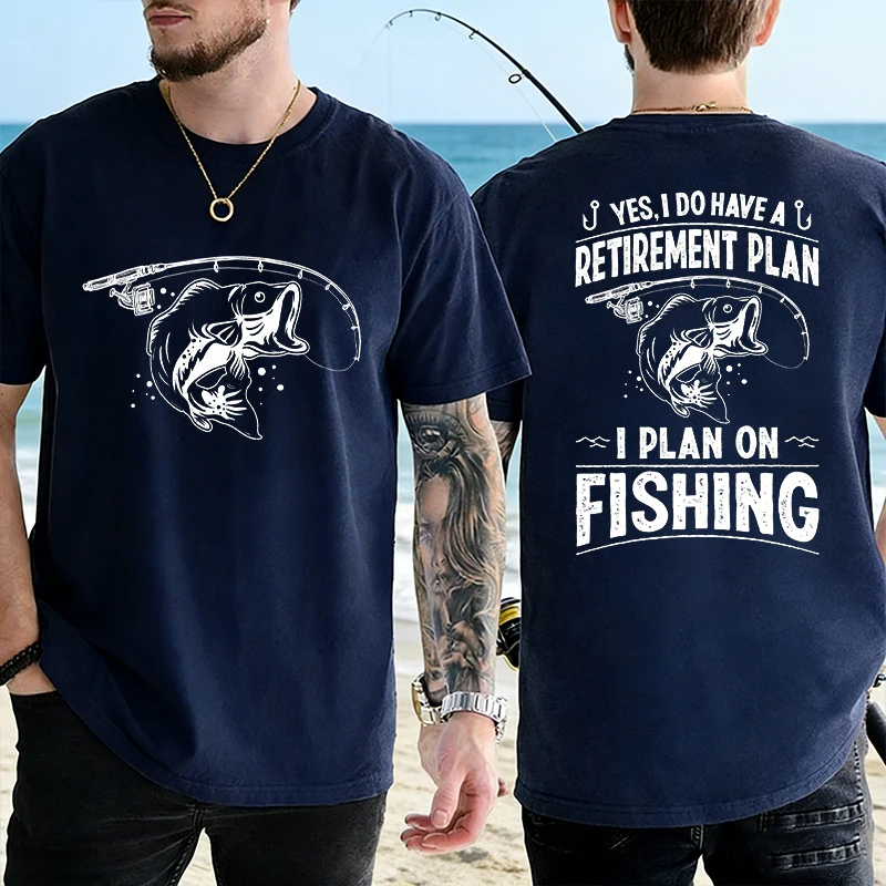 Retirement Plan Fishing Graphic Tee for Men, Double Sided Fish Printed Short Sleeve T-shirts, Soft Breathable Summer Y2k Tops