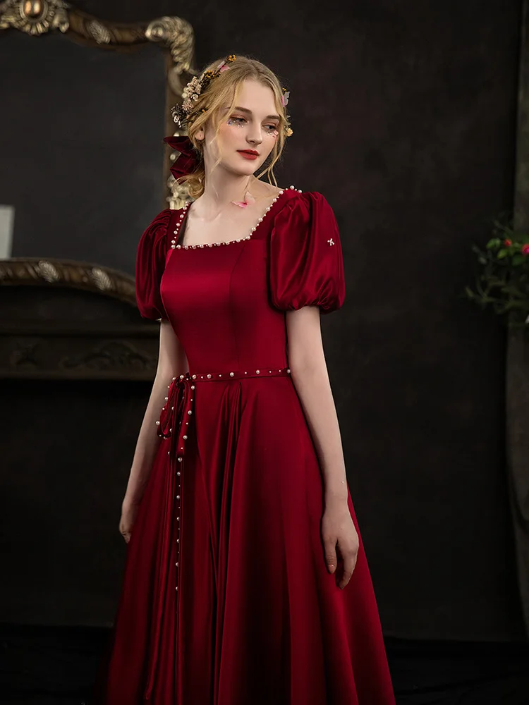 Female Retro French A-Line Evening Party Dress Qipao Burgundy Satin Square Neck Maxi Dress Sexy Exquisite Beads Wedding Dress