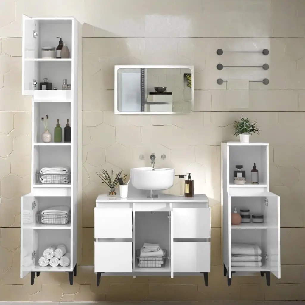 High Gloss White Sink Cabinet 80x33x60 cm - Durable Engineered Wood Storage Solution