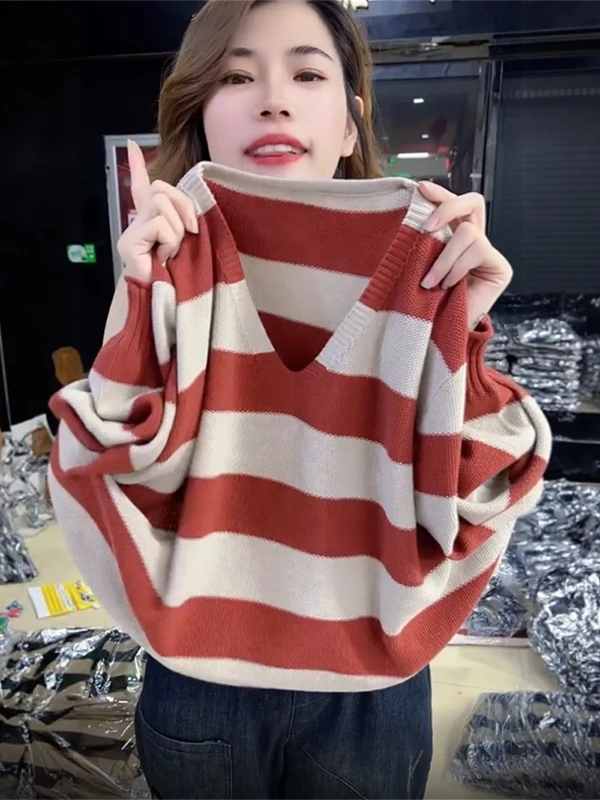 

Свободный вязаный топ в полоску для женщин, осенний сезон, базовый слой для ношения под одеждой, V-образный вырез, длинный рукав, дышащий, комфортный