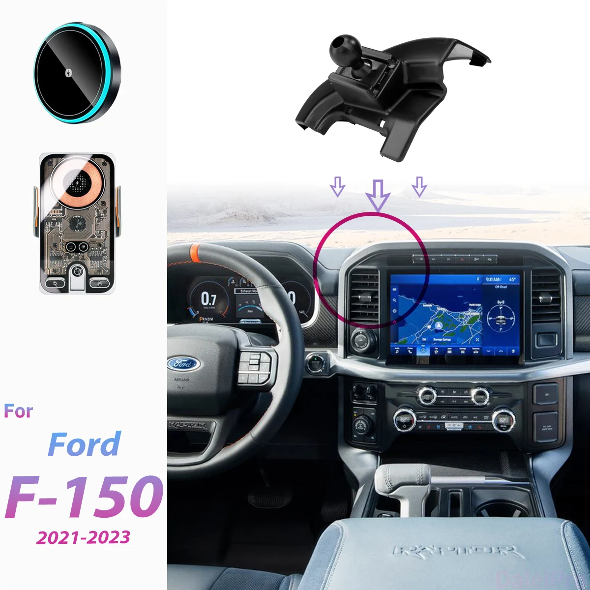 Suporte para Telefone de Carro para Ford F150 Raptor 2021 2022 2023, Suporte com Carregador Sem Fio, Base Magnética Forte com Fixação Automática