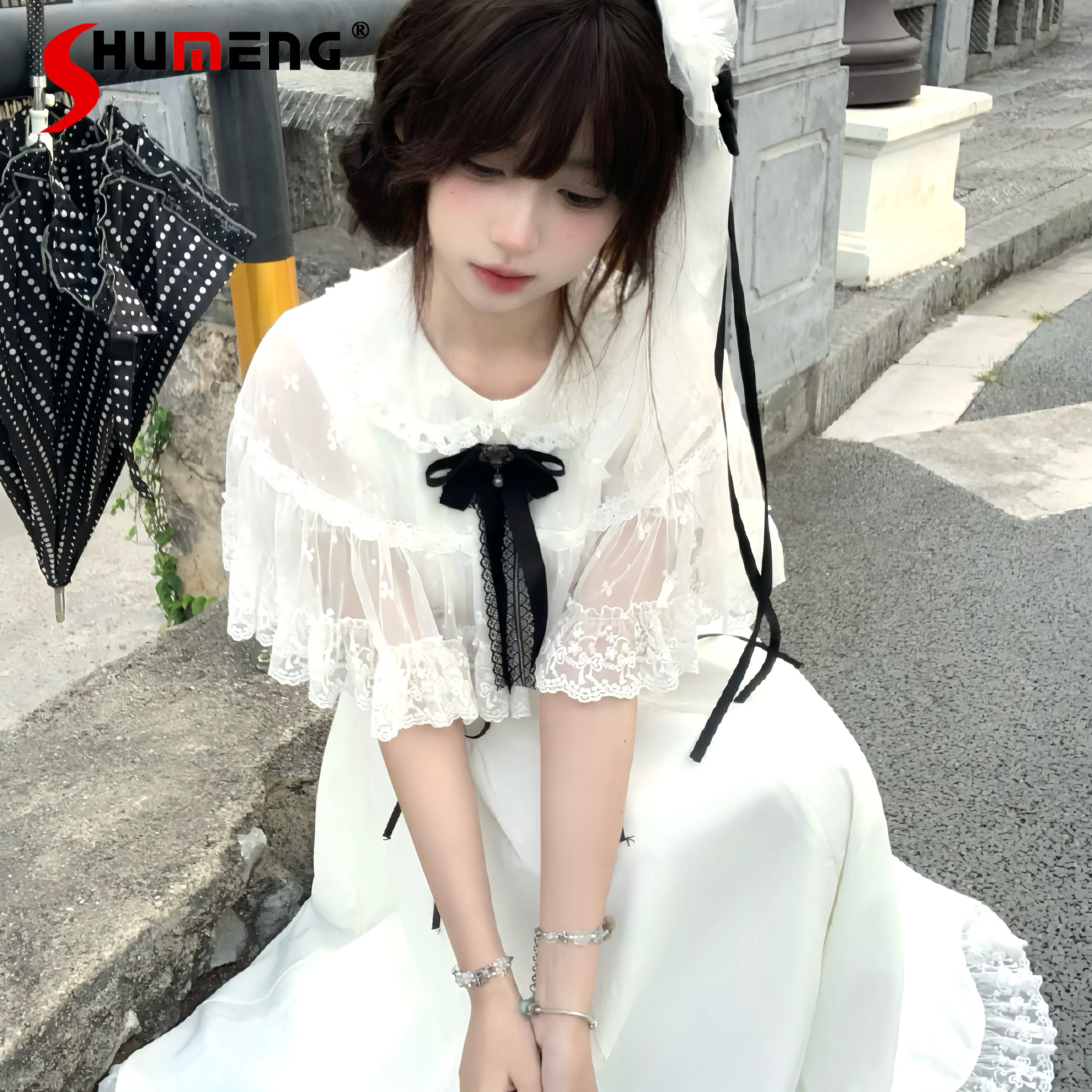 

Original Japanese Gothic White Lolita Dress Subculture Y2k Clothing Cute Girly Woman Slimming Retro Elegant Cloak Dress Set