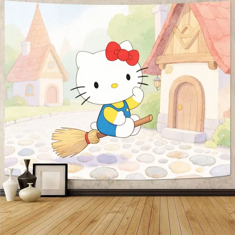 

1 шт., милый гобелен «Hello Kitty», сцены для уборки, кавайный настенный художественный декор для спальни, гостиной, подарок для любителей Sanrio