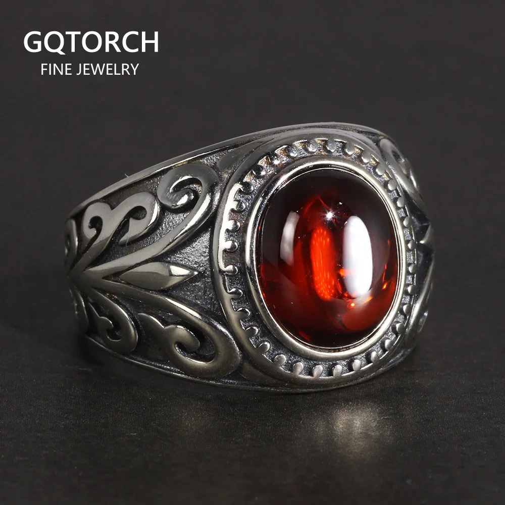 Real 925 Sterling Silver Jewelry Vintage Rings For Men Engraved Flowers With Red Garnet Natural Stone Fine Jewellery